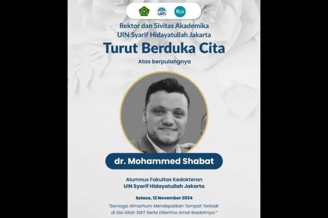 Relawan sekaligus dokter lulusan Indonesia yang bertugas di Gaza, Palestina, Mohammed Shabat gugur pada Selasa